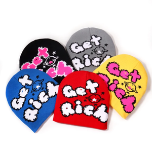 สินค้ามาใหม่หมวก Y2K แจ็คการ์ดขี้ขลาดหมวกสีลูกกวาด 'ร่ำรวย' หมวกถักลายกะโหลกอะคริลิคให้ความอบอุ่นในฤดูหนาวลวดลายตัวการ์ตูน - Product Image 1