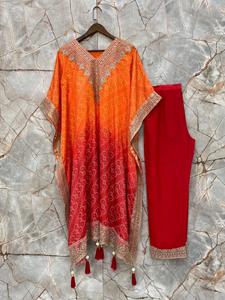 Séquence de soie Chinon de fête et de mariage de créateur lourd brodé et imprimé avec caftan Latkan lourd et pantalon avec Dupatta - Product Image 4