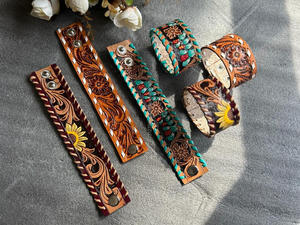 New Arrival Hot Selling Western Stylish Handmade Painted <b>Tooled</b> <b>Leather</b> Hand Cuff Bracelets Unisex Daily Wear Fashion Accessory - Product Image 5