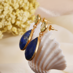 Aretes de Plata Esterlina 925 al por Mayor, Chapados en Oro de 18K, con Amatista Verde Redonda de 8mm y Lapislázuli Natural en Forma de Pera de 15×20mm, 4.5 Pulgadas, 15g - Product Image 3