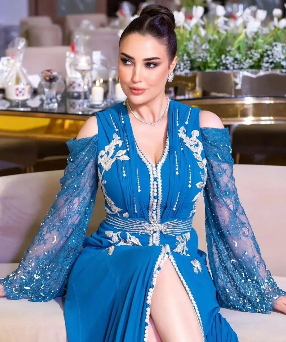 Caftán marroquí azul real plata trabajo hecho a mano gasa red Kaftan para mujer árabe niñas vestido de moda Reino Unido EE. UU. Dubai