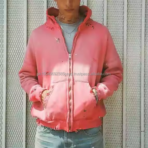 Sudadera con Capucha Personalizada de Estilo Urbano para Hombre y Mujer, 500 gsm, Gruesa, Extra Grande, Lisa, Rosa, Lavado Ácido, Vintage, Rota, Desgastada, con Cierre - Product Image 5