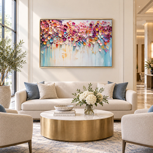 Grande peinture murale, pétales de fleurs colorés peints à la main, toile à texture épaisse, décoration intérieure contemporaine pour salon et villa - Product Image 2