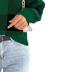 Customized Women Green <b>Black</b> Checkered Turtleneck Sweater Winter Warm Knitted <b>Long</b> <b>Sleeve</b> Casual Pullover Fashion <b>Top</b> For Ladies - Product Image 6