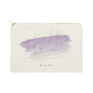 Sac cosmétique en toile de coton moderne et écologique avec motif paysage urbain de Miami, organiseur de maquillage portable avec fermeture éclair, logo personnalisable - Product Image 1