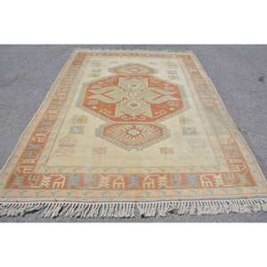 Tapis Turc Vintage Classique Orange Beige 6.8 X 9.3ft Fait à la Main Patchwork Design Laine Matériau Latex Support pour Adolescent Salon - Product Image 1