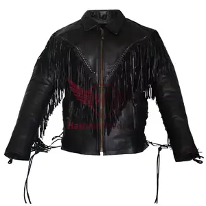 Chaqueta de cuero con flecos de calidad superior para hombres y mujeres-Ropa de abrigo de cuero negro estilo vaquero asequible Ropa occidental americana