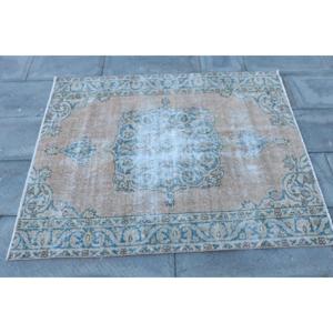 Alfombra Turca de 3.6x4.4 pies, Alfombra Vintage, Alfombra de Lana Azul Sólida - Product Image 4