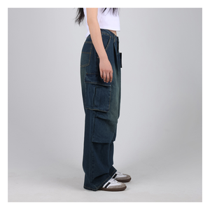 Pantalones Vaqueros de mujer estilo coreano paracaídas Cargo Unisex de corte ancho plisado Denim 2COLOR Casual cómodo suelto pantalones de calle - Product Image 5