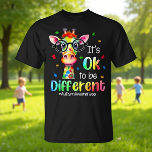 T-shirt con giraffa per la consapevolezza sull'autismo - Simpatica maglietta con stampa 'È Ok essere diversi' per promozioni - Product Image 2