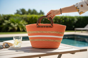 Sac fourre-tout en jute naturelle tissé à la main avec des poignées en bois, écologique, fait à la main, pour femmes, plage, shopping, pique-nique et rangement - Product Image 4