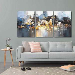 Pintura al Óleo Abstracta de Paisaje Urbano, Arte de Pared en Lienzo, Pintado a Mano, Paisaje Moderno, Decoración Interior de Tres Paneles - Product Image 2