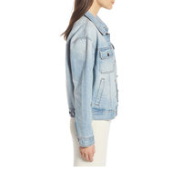 Chaqueta Vaquera Azul Claro para Mujer, Logotipo Bordado, Diseño Gótico 3D, Detalles de Cinturón con Botones, Ropa Casual Urbana para Otoño/Invierno