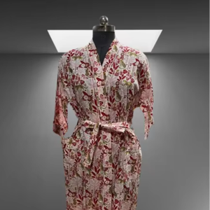 Kimono Floral de algodón para mujer, bata con estampado de bloques, bata de dama de honor para boda, ropa de dormir de otoño, albornoz, ropa de playa para - Product Image 1
