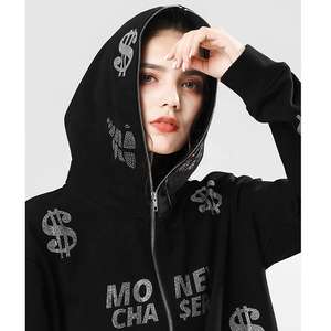 Full Double <b>Zip</b> Embroidered Long Spring Eco-Friendly Polyester/Cotton Heavyweight French Terry Zipped <b>Black</b> <b>Hoodie</b> Streetwear - Product Image 1