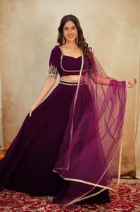 Elegant Wine Purple Velvet Lehenga Choli with Embroidered Blouse and <b>Net</b> <b>Dupatta</b> - Product Image 3