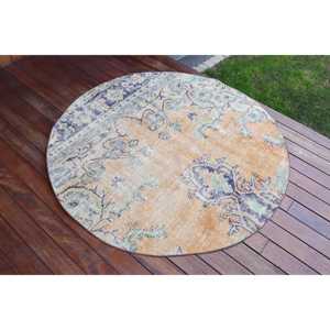 Alfombra Turca, Redonda de 4.5x4.5 pies, Alfombra Vintage con Diseño Floral en Naranja y Azul - Product Image 2