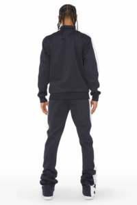 Pantalon de survêtement évasé personnalisé pour hommes, ensemble de survêtements empilés en noir avec bandes blanches, survêtements deux pièces grande taille - Product Image 3