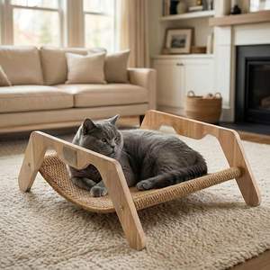 2-in-1 Cat Scratcher Bed Elevated Wooden & Plush Sisal Cat Scratcher <b>Mat</b> Removable Washable Indoor/Outdoor Use Cat Furniture - Product Image 1