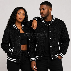Veste universitaire d'hiver personnalisée OEM ODM Cosh International, col montant fin, couleur noir pailleté avec bordure blanche, unisexe - Product Image 1