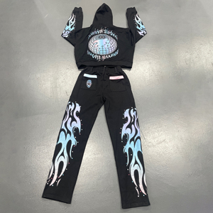 Ensemble de survêtement d'hiver personnalisé en coton, deux pièces, unisexe, avec capuche, en tissu French Terry, avec impression sérigraphique unie - Product Image 2