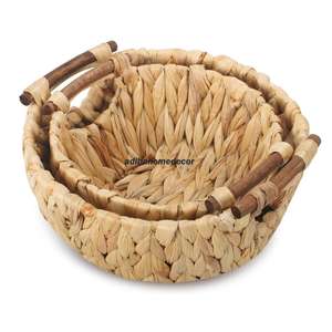 Panier rond en jacinthe d'eau tressé à la main avec poignées, panier de rangement naturel tissé pour assiettes et organisation de la vaisselle - Product Image 5
