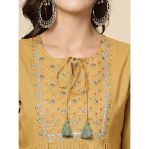 Women's Beige Floral Embroidered <b>Top</b> XL Loose Fit Casual <b>Top</b> with Bell Sleeves and Tie-Up Neck Poplin Cotton Breathable - Product Image 5