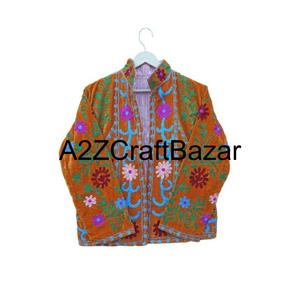Veste bomber en velours bohème à fleurs brodée à la main, doublure en coton imprimé pour femmes, faite à la main, réversible, printemps-hiver - Product Image 3
