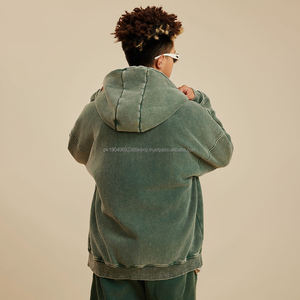 <b>Black</b> Washed Vintage Distressed Acid Wash Hooded Zipper Hoodie Unisex Custom DIY Pattern Lined Fleece by Manufacturer - Product Image 3