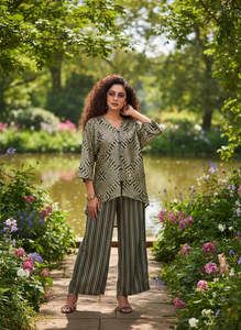 Ensemble coordonné élégant à imprimé floral pour femmes, kurta ethnique contemporain à coupe asymétrique, pantalon assorti, écharpe, tenue de soirée, polyester, séchage rapide - Product Image 5