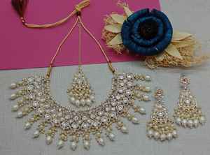 Nuevo diseño chapado en oro tradicional gota perla y Kundan tachonado pendiente Mangtika gargantilla collar conjunto y conjunto de joyería para mujer - Product Image 6