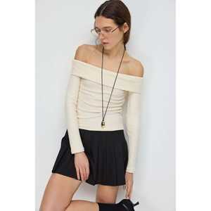 Casual Women's Blouse Embroidered Logo Asymmetrical Off-the-Shoulder Long Sleeve Fitted Cut Knitted <b>Top</b> XL Size Front Hole - Product Image 2