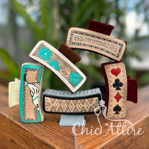 Premium High Quality Hand <b>Tooled</b> Leather Hair Claw <b>Clips</b> Western Hair Accessories Luxury Floral Genuine Cow Leather Hair <b>Clips</b> - Product Image 1