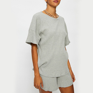 Camiseta a rayas y pantalón corto para mujer, ropa interior acanalada de poliéster Proshah, conjunto de dos piezas, conjunto informal de verano - Product Image 5