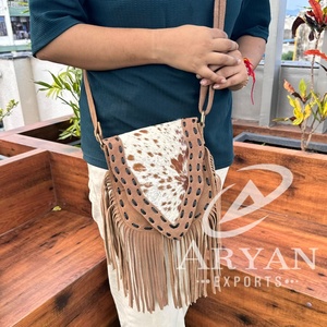 Hot Selling Western Real Hair on Suede Leather Fringe Crossbody Bag for Women's Custom Genuine Leather Hand Stitch Purse - Product Image 1