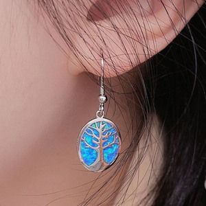 Low MOQ Wholesale Jewelry Minimalist Drop 925 Sterling Silver <b>Opal</b> Tree of Life <b>Earring</b> - Product Image 2