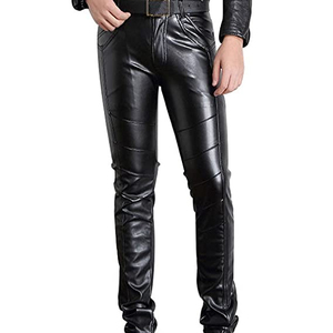 Pantalones de moda elásticos ajustados de cuero PU para hombre, pantalones de motocicleta, ropa de calle fina, pantalones acampanados apilados de cuero para hombre - Product Image 1