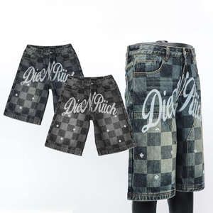 กางเกงยีนส์ขาสั้นลายตารางหมากรุกสไตล์วินเทจ Y2K รุ่น OEM 2026 สำหรับผู้ชาย พร้อมลายพิมพ์เลเซอร์และประดับด้วยคริสตัล พร้อมตัวอย่างฟรี - Product Image 1