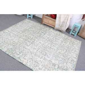 พรมตุรกี 5.1x6.4 ฟุต สีขาวลายพรางสีน้ำเงิน พรมขนสัตว์วินเทจ - Product Image 4