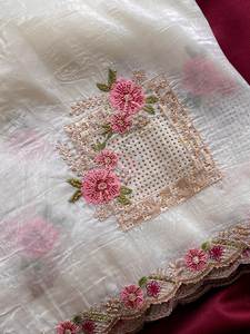 Sari de seda de papel de diseñador pakistaní indio, borde de trabajo cortado con blusa de contraste, ropa de boda de fiesta elegante Sari elegante - Product Image 2