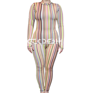 Body de mujer estirable de Spandex con estampado sublimado a rayas multicolor para gimnasio y ropa de moda - Product Image 1