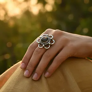 Women's Trendy <b>Vintage</b> 925 Silver Ring with Labradorite Gemstone Gold Plated Religious Inlay Crafted in Brass Packed in <b>Box</b> - Product Image 2