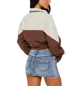 100% poliéster nueva moda cremallera impermeable transpirable mujeres cortavientos señoras chaquetas ropa deportiva Color Block Crop Top chaqueta - Product Image 2