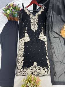 Ensemble de Travail Femme Kurta-Bottom Dupatta Avec Moti Brodé Riveté Imprimé Dessiné à la Main Prêt-à-Porter - Product Image 2