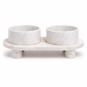 White marble <b>dog</b> <b>bowl</b> set on solid wooden <b>raised</b> stand natural stone pet feeding <b>bowls</b> modern luxury <b>dog</b> feeder for home decors - Product Image 4