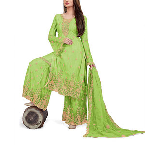 Salwar Kameez en soie brodée pour femmes, 3 pièces non cousues, couleur unie, style décontracté pour mariage/fête/occasions décontractées - Product Image 2