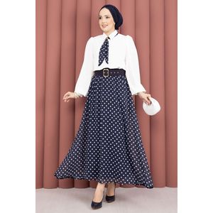 Conjunto de chifón azul marino para mujer, top holgado con estampado floral, pantalones cortos y pañuelo con falda con cinturón de lunares - Product Image 3