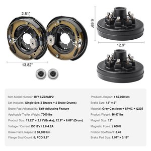 Kits de tambours de moyeu de remorque 8 sur 6,5 pouces B.C. Freins électriques de 12 po x 2 po, ensemble de freins de remorque auto-ajustables pour essieu de 7000 lb - Product Image 2