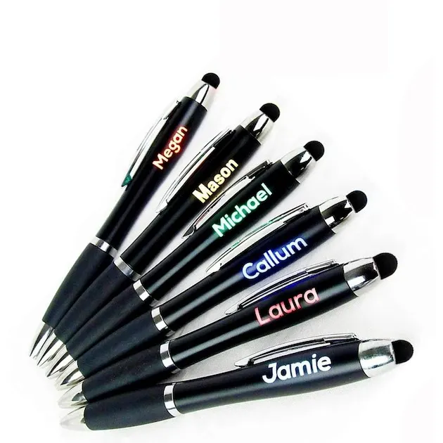 Niedriges MOQ individuelles LOGO Laser-Leucht-Kugelschreiber mit Stylus blau Kunststoff und Großhandel personalisierte Gravur Hersteller
