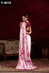 Imprimé floral en satin de soie à la mode indienne avec perles dentelle bordure travail Saree Collections pour festival et fête Saree - Product Image 5